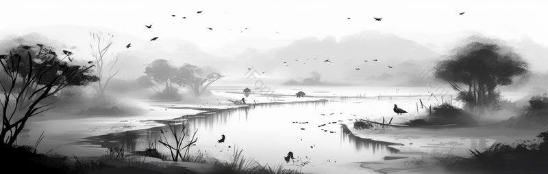 树丛池塘边风景水墨画,插画/手绘图,插画/手绘图库,插画/手绘图下载,插画/手绘